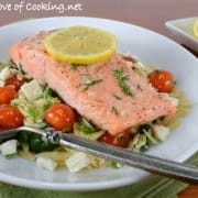 Lemon and Dill Salmon with Sautéed Tomato, Spinach, and Feta Orzo