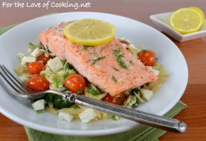 Lemon and Dill Salmon with Sautéed Tomato, Spinach, and Feta Orzo