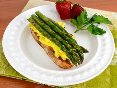 Scrambled Eggs and Roasted Asparagus on Toasted Sourdough