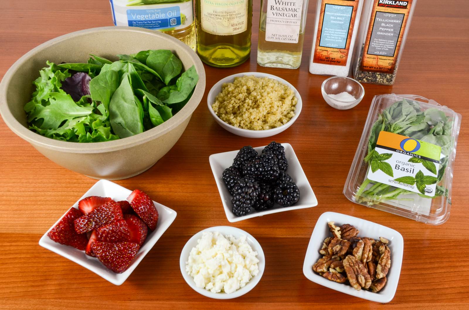 Berry Quinoa Spinach Salad with White Balsamic Basil Vinaigrette