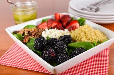 Berry Quinoa Spinach Salad with White Balsamic Basil Vinaigrette