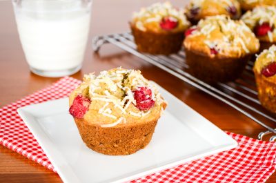 Toasted Coconut, Banana, and Raspberry Muffins