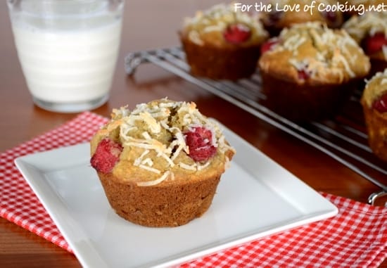 Toasted Coconut, Banana, and Raspberry Muffins