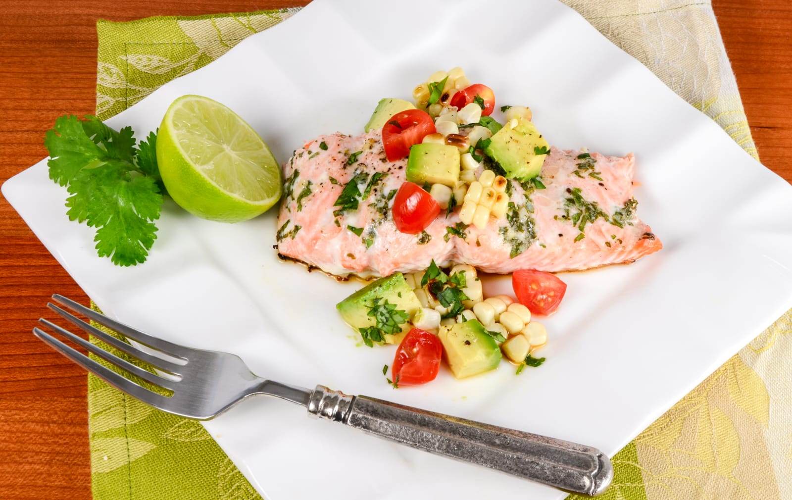 Lime & Cilantro Salmon with Grilled Corn and Avocado Salsa