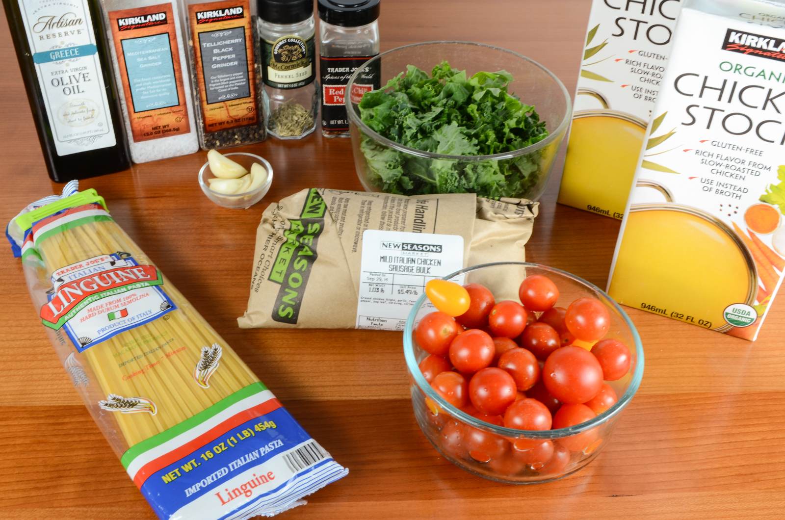 Linguine with Chicken Italian Sausage, Tomatoes, and Kale Soup