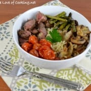 Rice Bowl with Steak, Roasted Tomatoes & Asparagus, and Caramelized Mushrooms & Onions