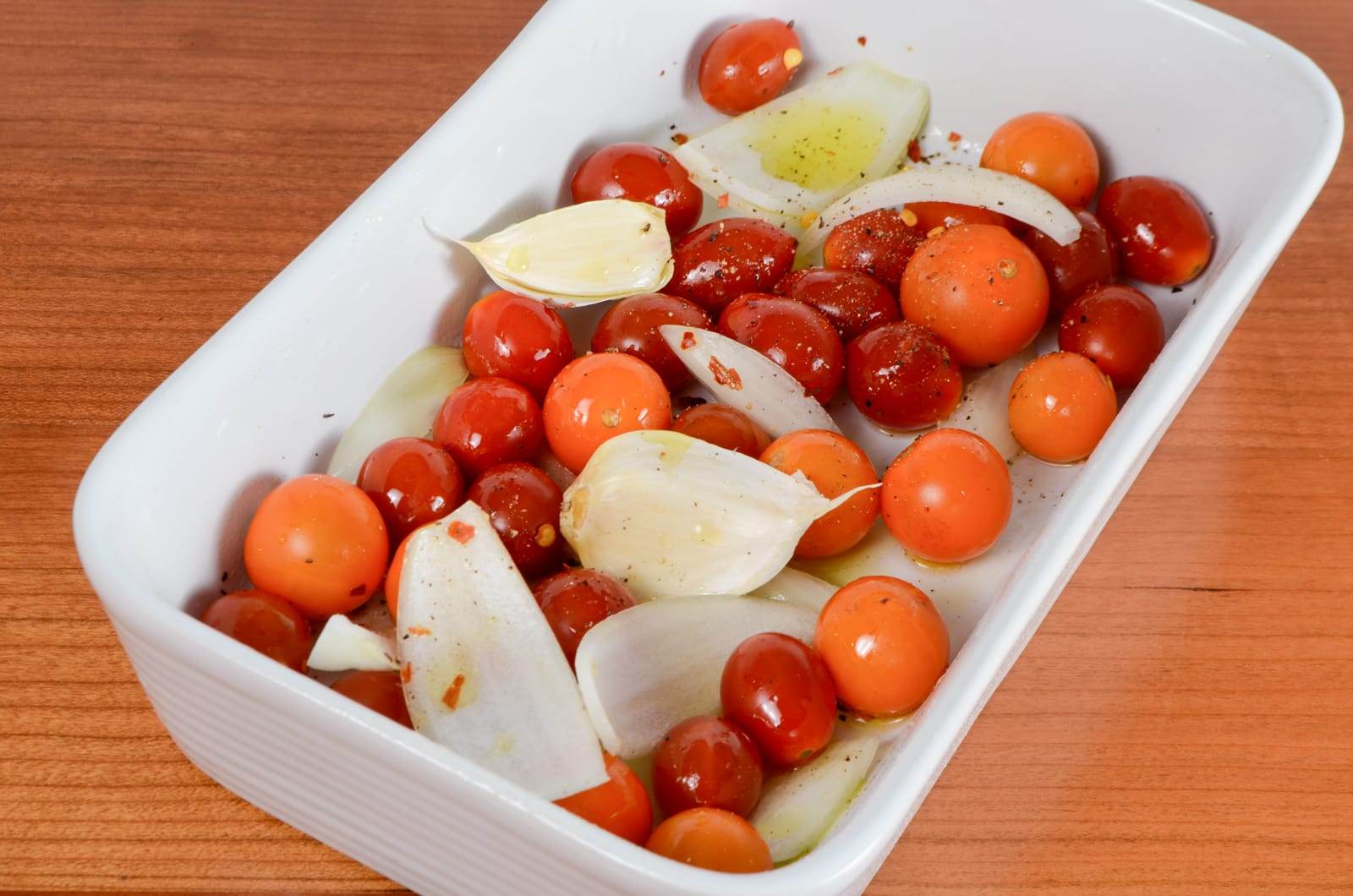 Roasted Grape Tomatoes, Onions, and Garlic on Toast with Fresh Basil