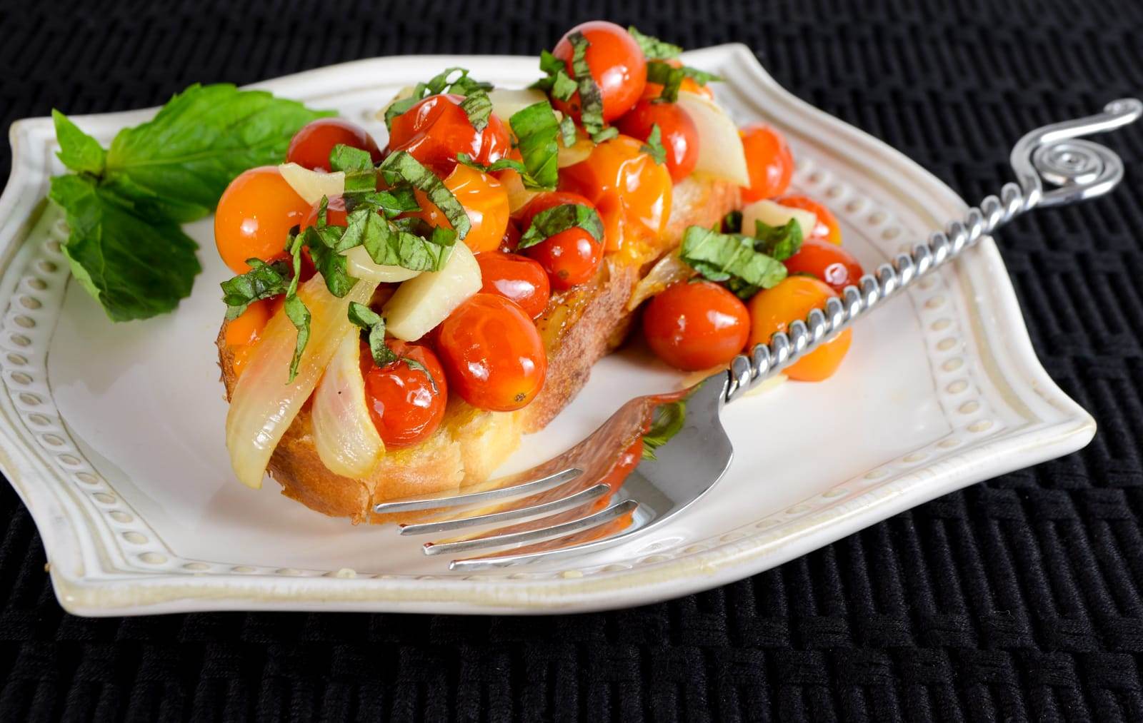 Roasted Grape Tomatoes, Onions, and Garlic on Toast with Fresh Basil