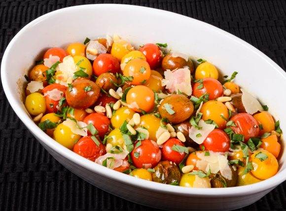 Roasted Baby Heirloom Tomatoes with Basil, Shaved Parmesan, and Toasted Pine Nuts