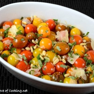 Roasted Baby Heirloom Tomatoes With Basil, Shaved Parmesan, And Toasted ...