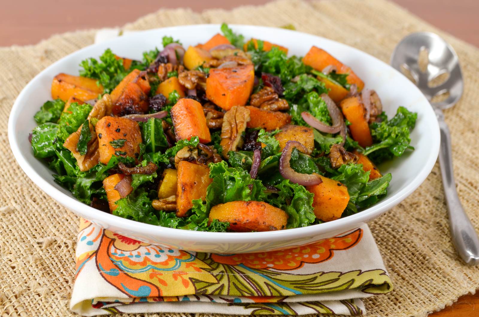 Kale Sauté with Roasted Butternut Squash, Dried Cranberries, and Pecans