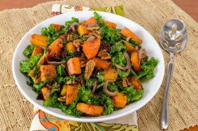 Kale Sauté with Roasted Butternut Squash, Dried Cranberries, and Pecans