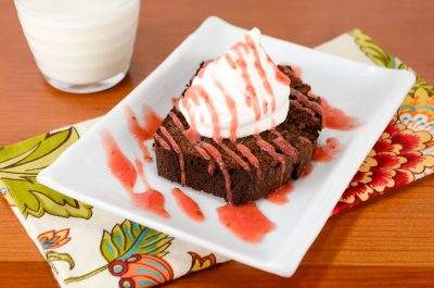 Chocolate Pound Cake with Strawberry Sauce and Vanilla Bean Whipped Cream