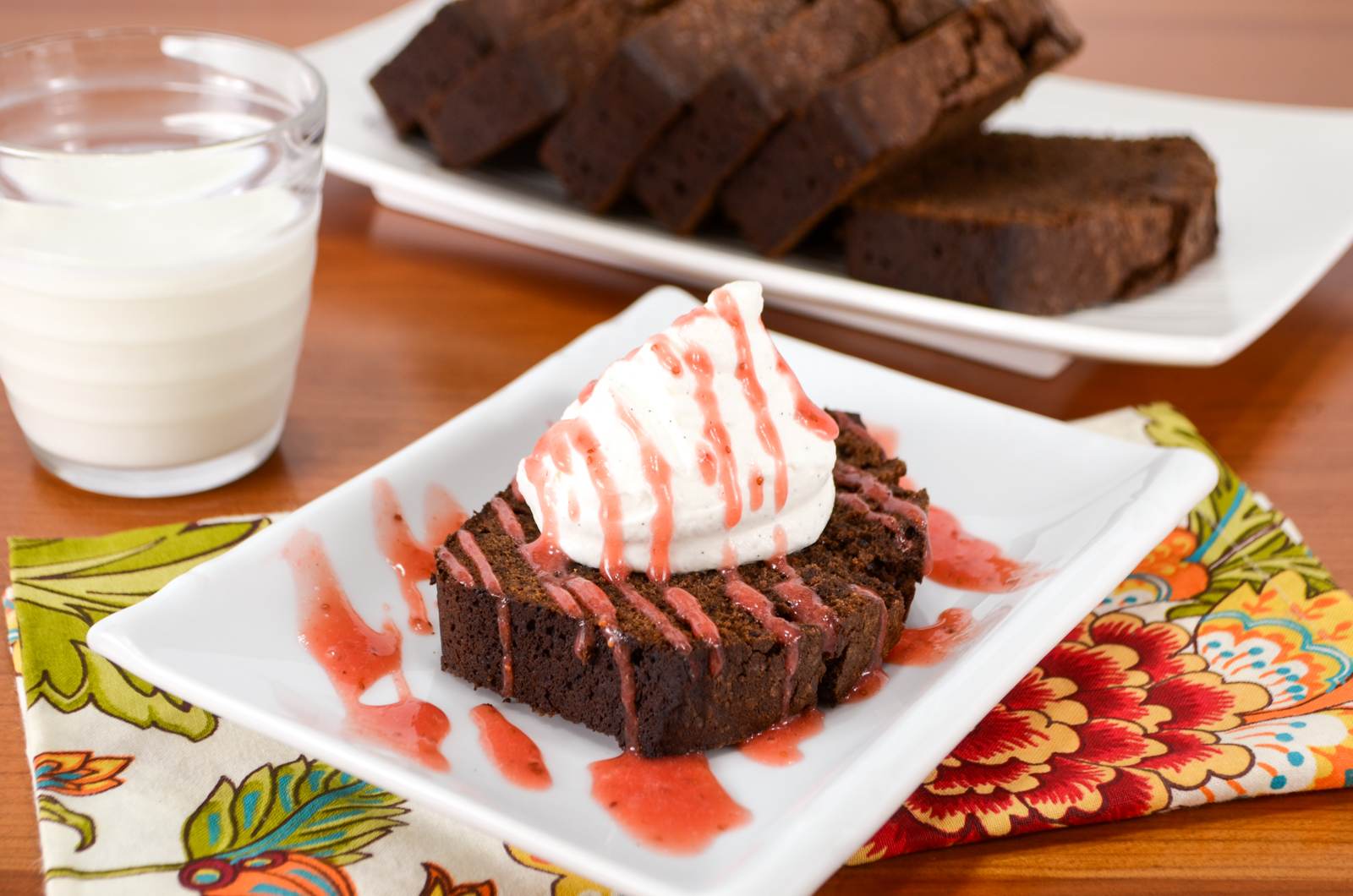 Chocolate Pound Cake with Strawberry Sauce and Vanilla Bean Whipped Cream