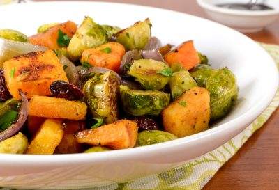 Roasted Brussels Sprouts and Butternut Squash with Dried Cranberries