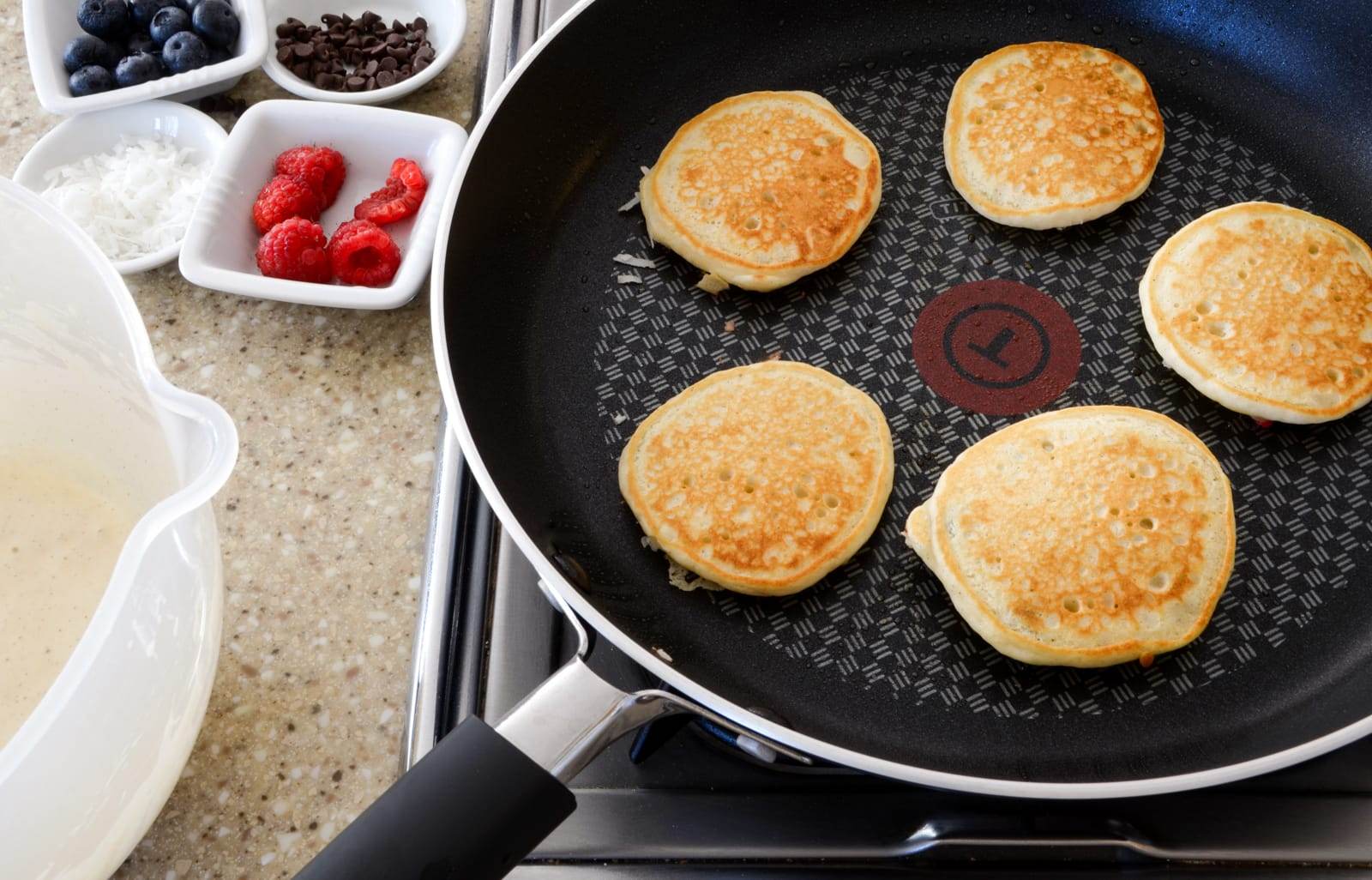 Mini Pancakes with Fruit, Coconut, and Chocolate