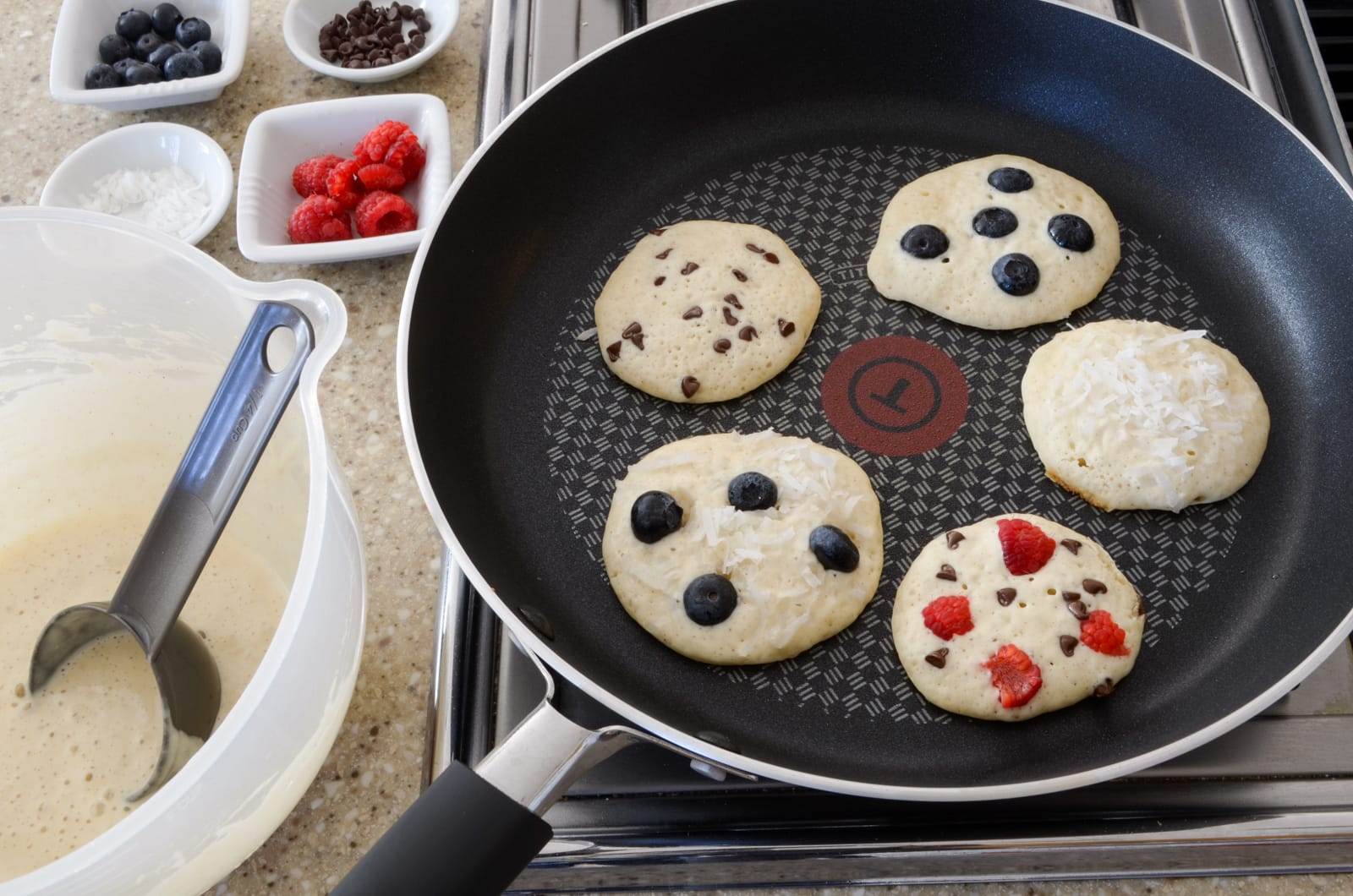 Mini Pancakes with Fruit, Coconut, and Chocolate