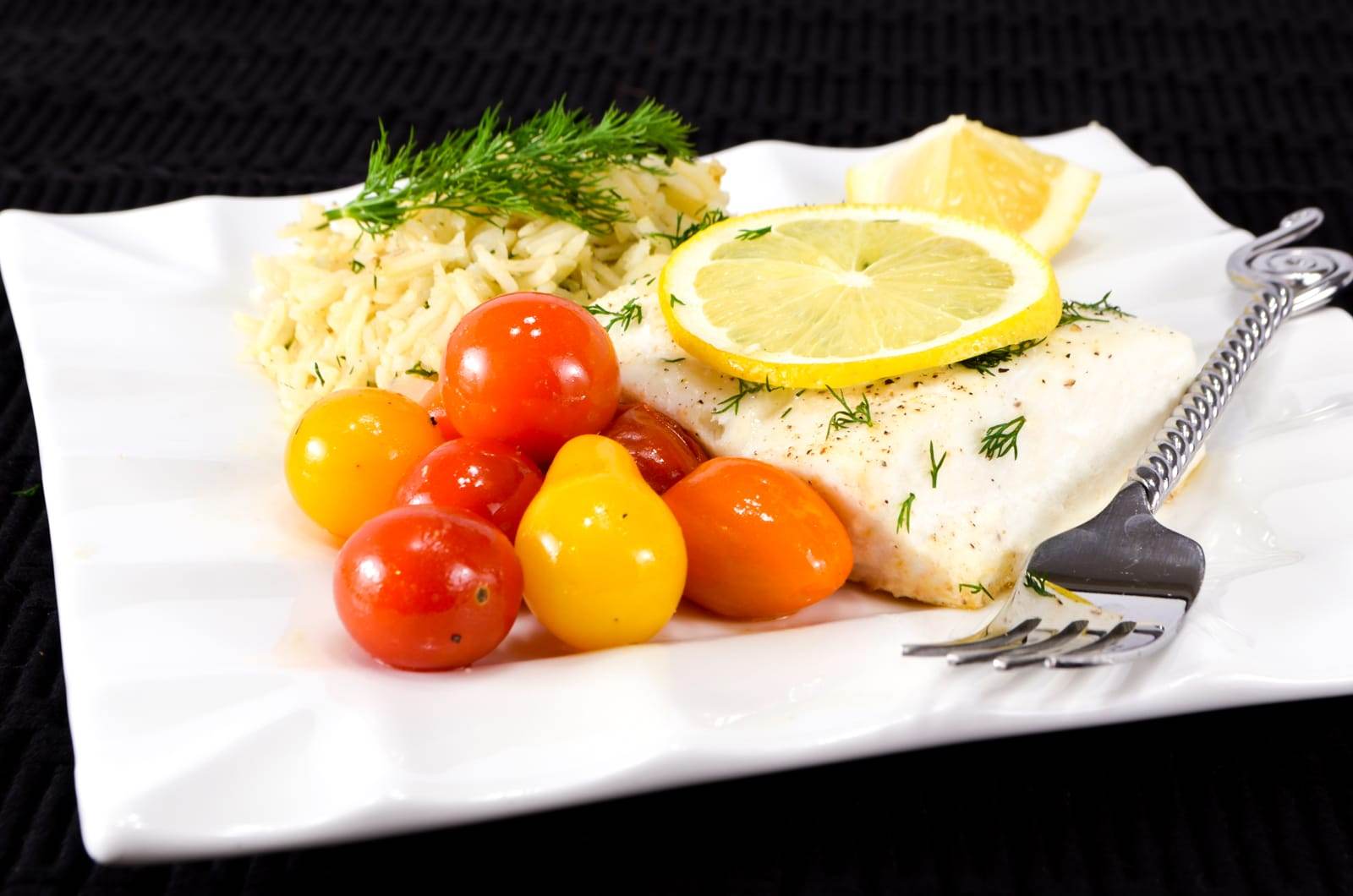 Roasted Halibut with Tomatoes, Lemon, and Dill