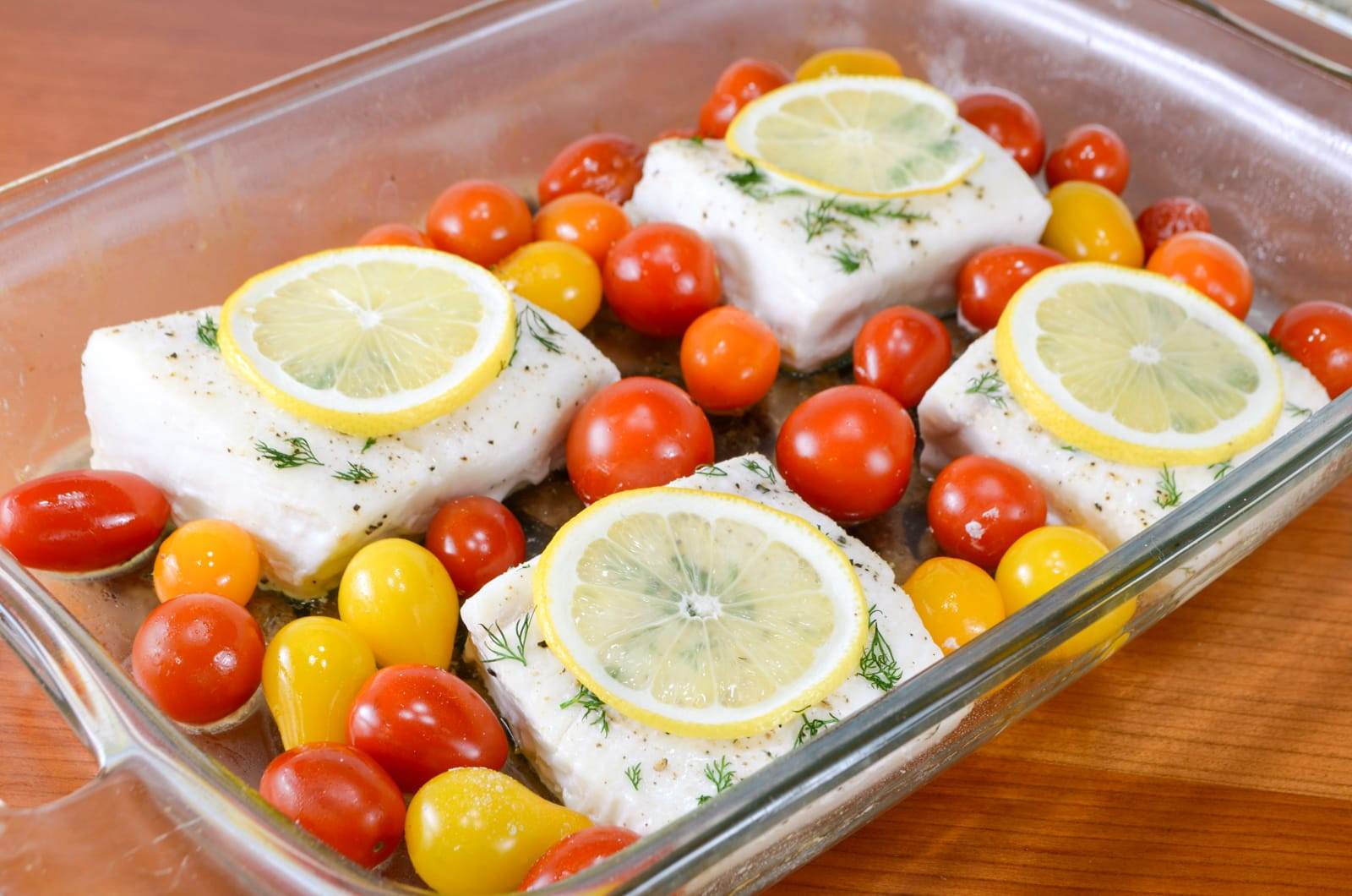 Roasted Halibut with Tomatoes, Lemon, and Dill