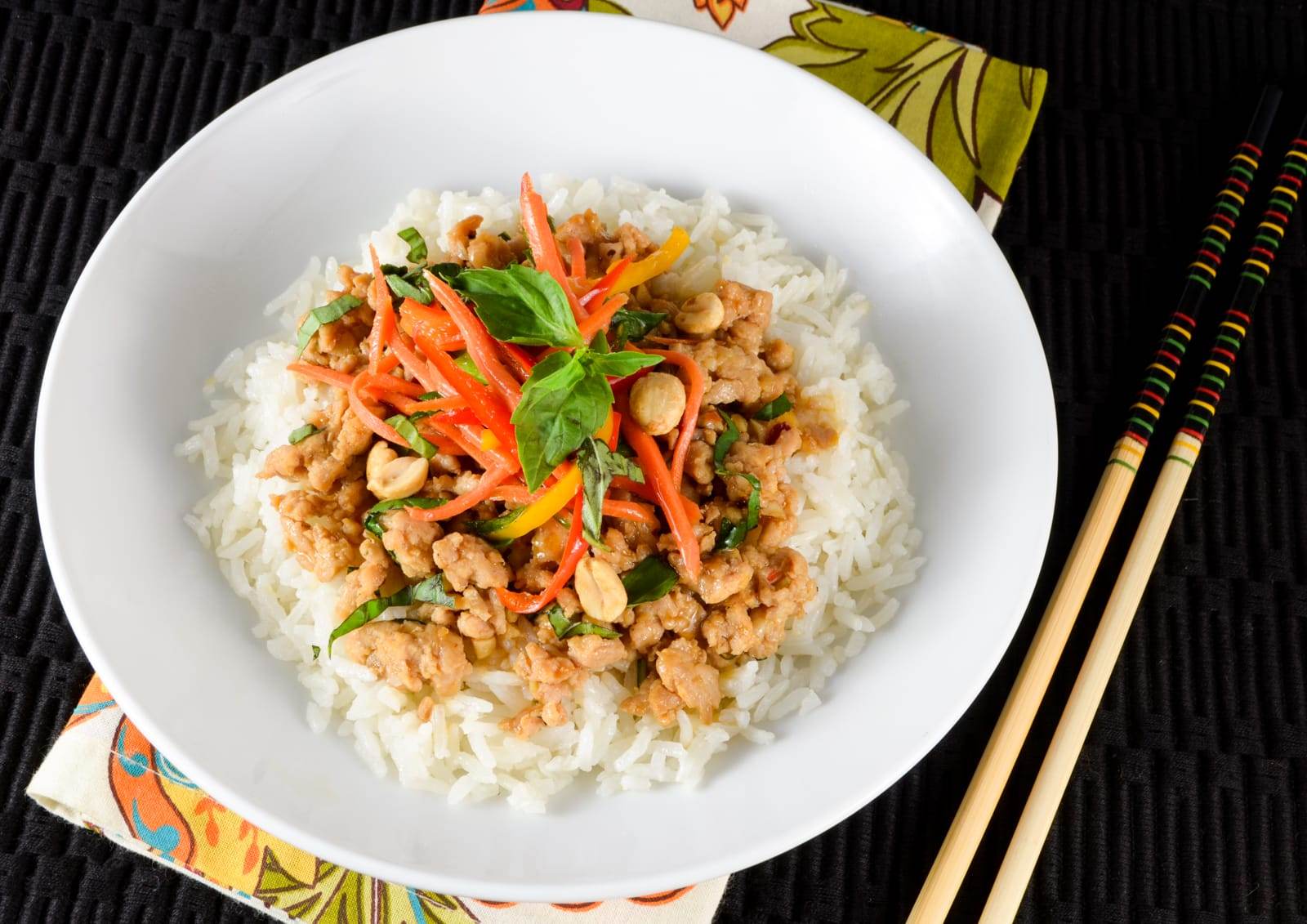 Thai Basil Chicken Rice Bowl with Lemongrass Coconut Rice