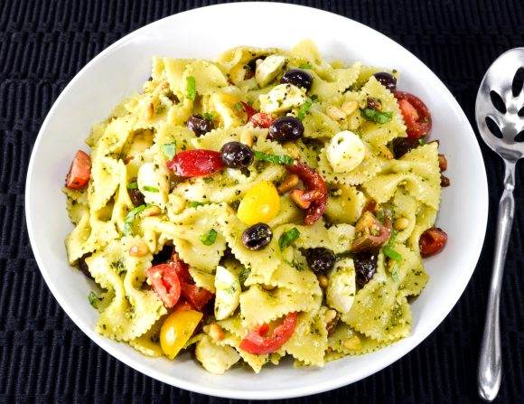 Pesto Pasta Salad with Heirloom Tomatoes, Mozzarella, and Olives