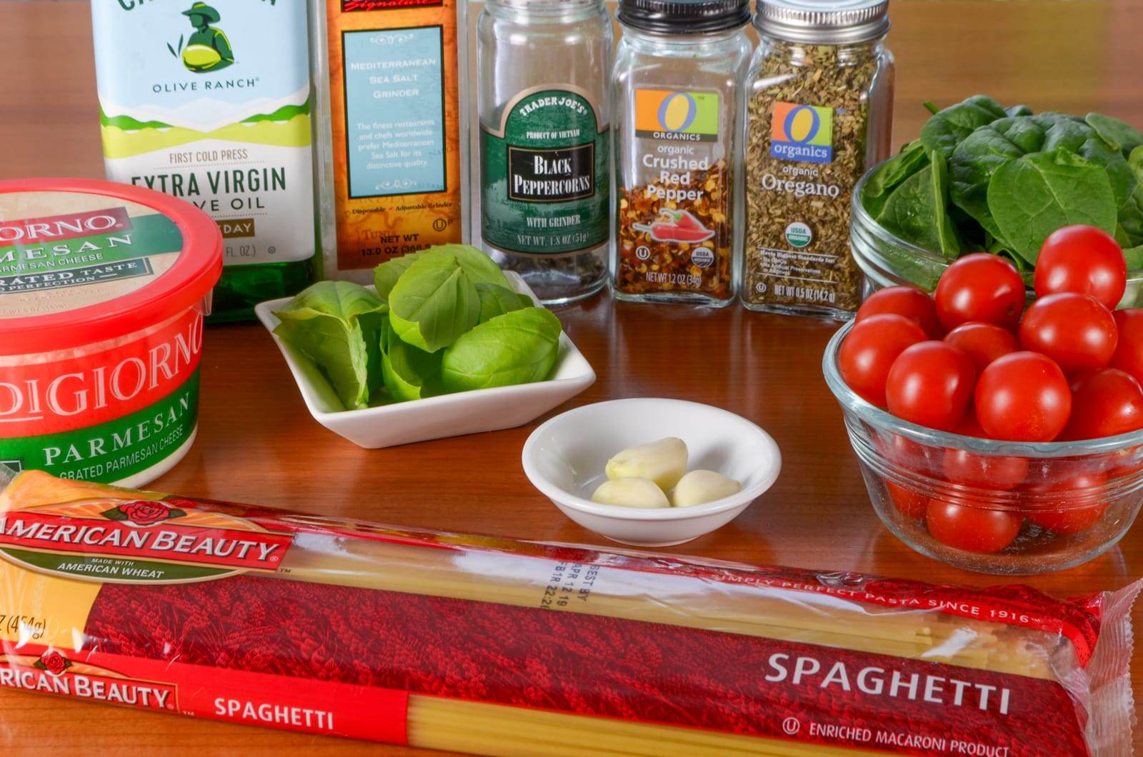 Spaghetti with Cherry Tomatoes, Spinach, Basil, and Parmesan