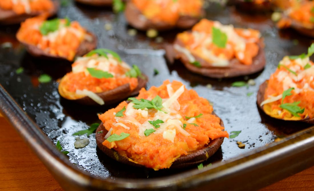 Garlic Butter Smashed Sweet Potatoes with Parmesan