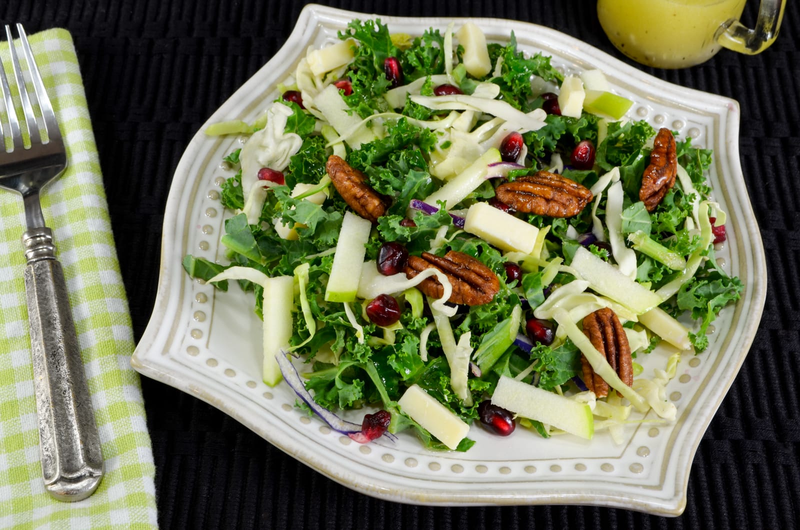 Shaved Kale & Brussels Sprout Salad with Apple, Cheddar, Pecans & Balsamic Vinaigrette