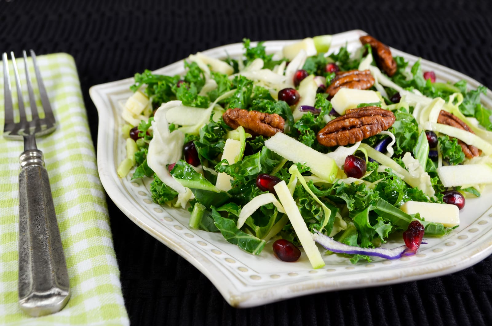 Shaved Kale & Brussels Sprout Salad with Apple, Cheddar, Pecans & Balsamic Vinaigrette