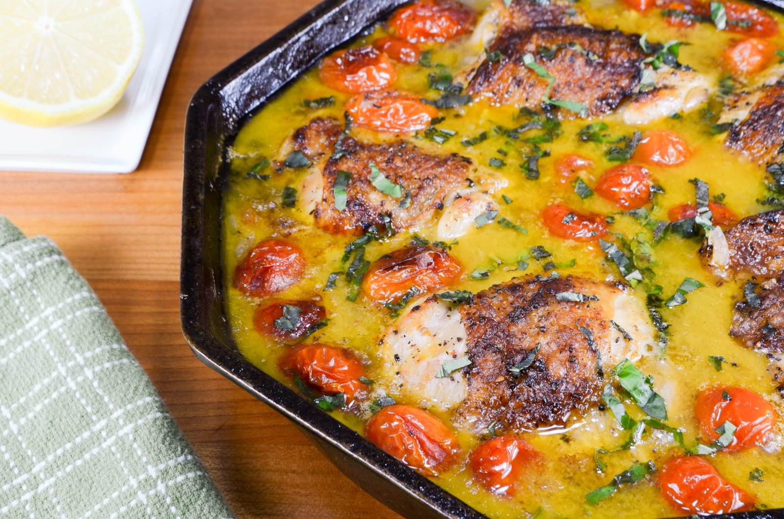 Chicken Thighs with Blistered Tomatoes in a Lemon-Wine Sauce