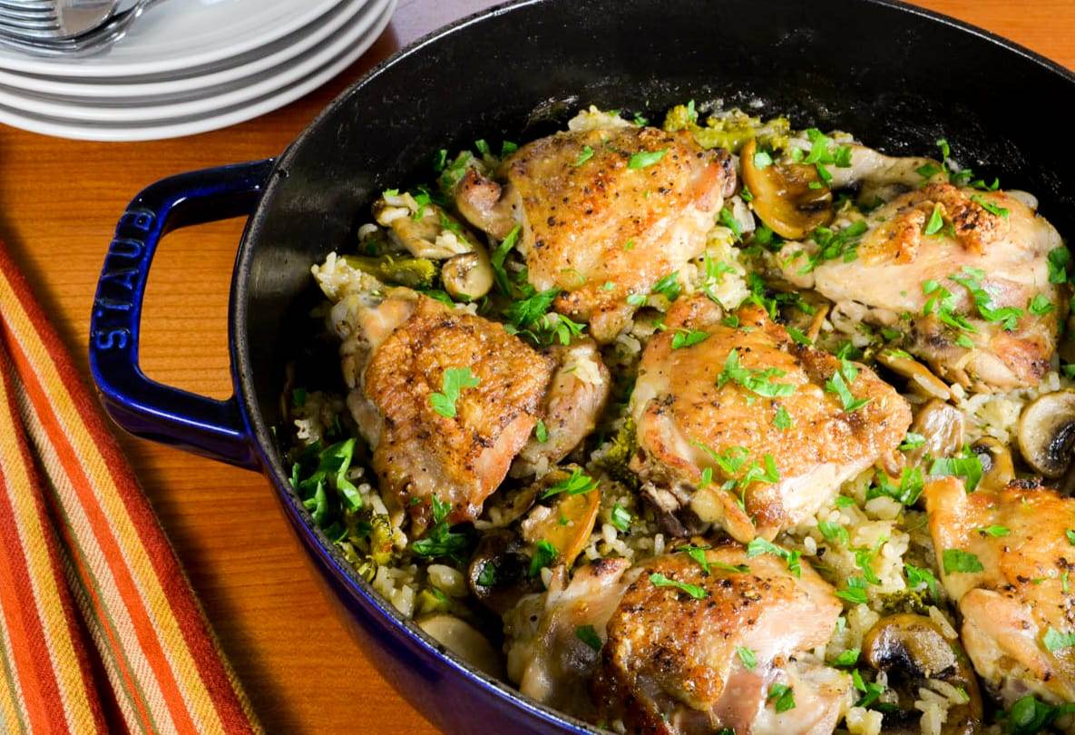 Chicken Thighs with Rice, Mushrooms, and Broccoli