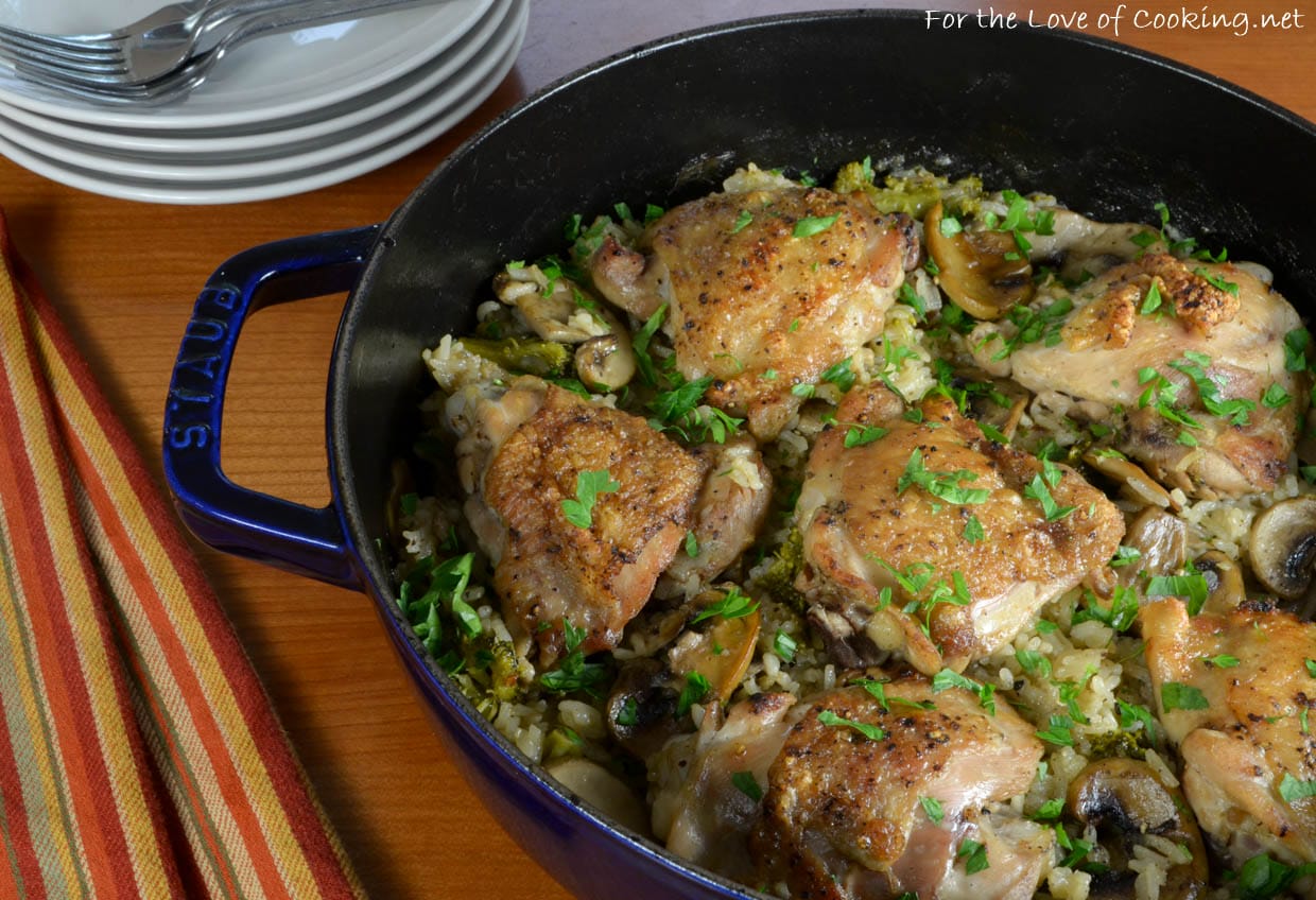 Chicken Thighs with Rice, Mushrooms, and Broccoli