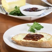 Garlic Crostini with Brie and Sweet & Spicy Tomato Jam