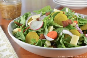 Irish Root Salad with Spinach, Sharp White Cheddar, and Bacon-Mustard Vinaigrette