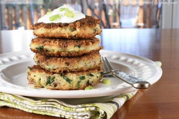 Mashed Potato Pancakes with Gruyere, Spinach, and Bacon