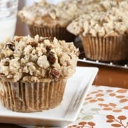 Caramelized Banana Muffins with Cinnamon Pecan Crumb Topping