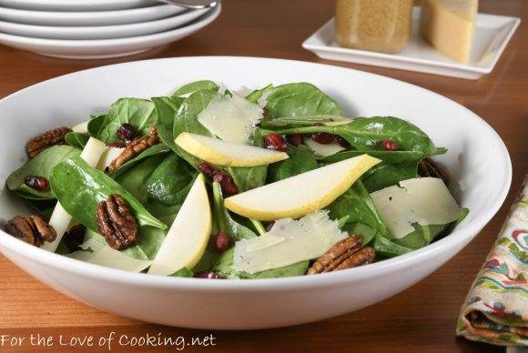 Spinach, Pear, and Pomegranate Salad with Candied Pecans and Shaved Parmesan