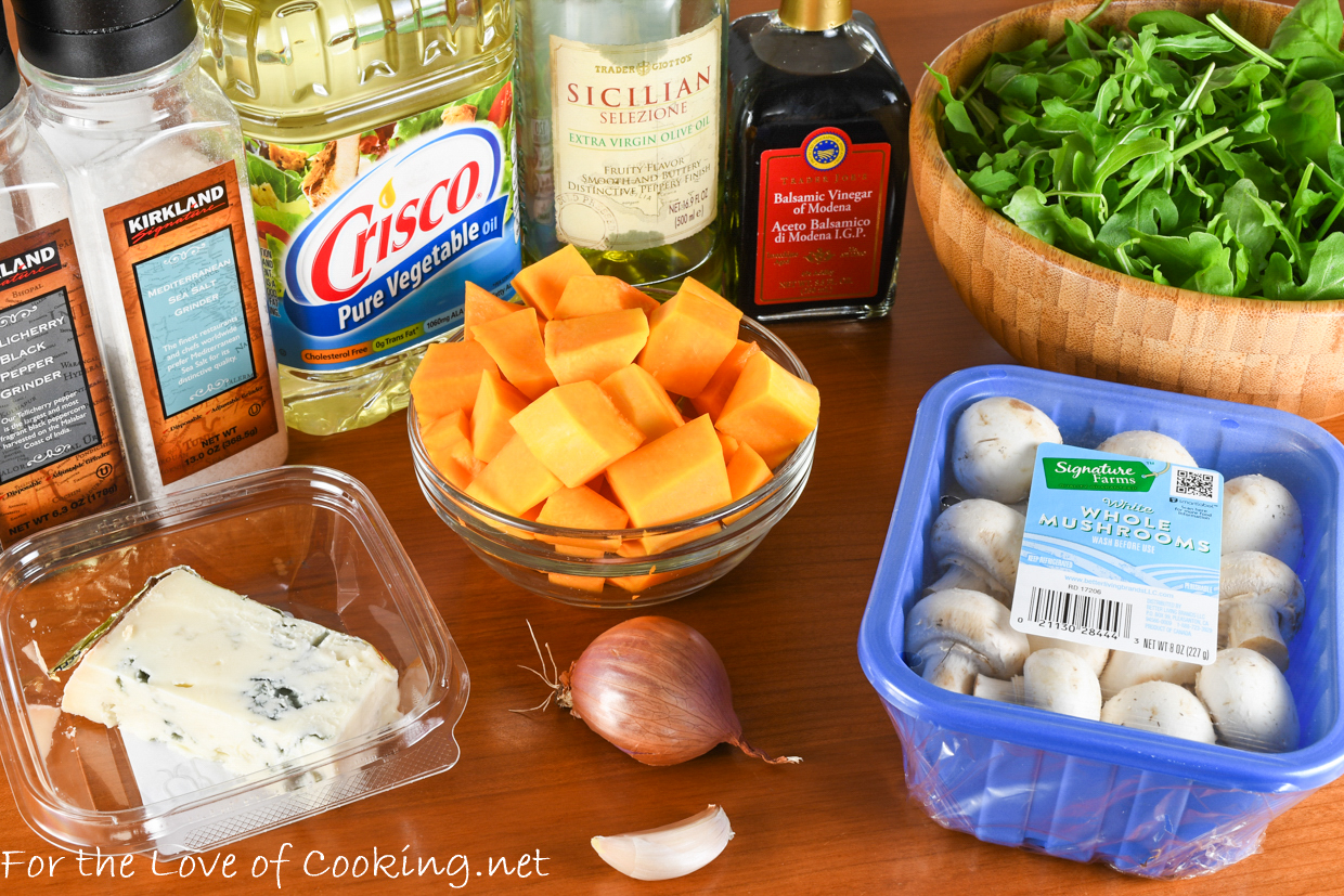 Warm Salad of Mushrooms and Roasted Butternut Squash with Arugula and Gorgonzola