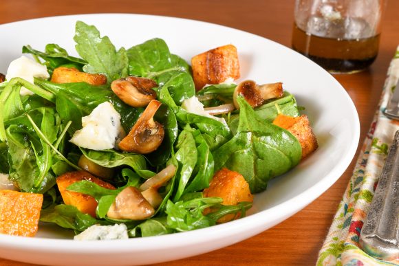 Warm Salad of Mushrooms and Roasted Butternut Squash with Arugula and Gorgonzola