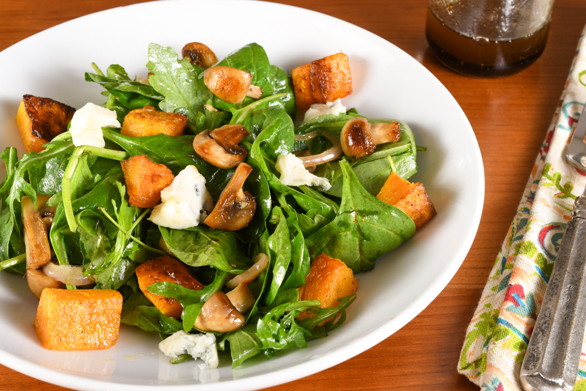 Warm Salad of Mushrooms and Roasted Butternut Squash with Arugula and Gorgonzola