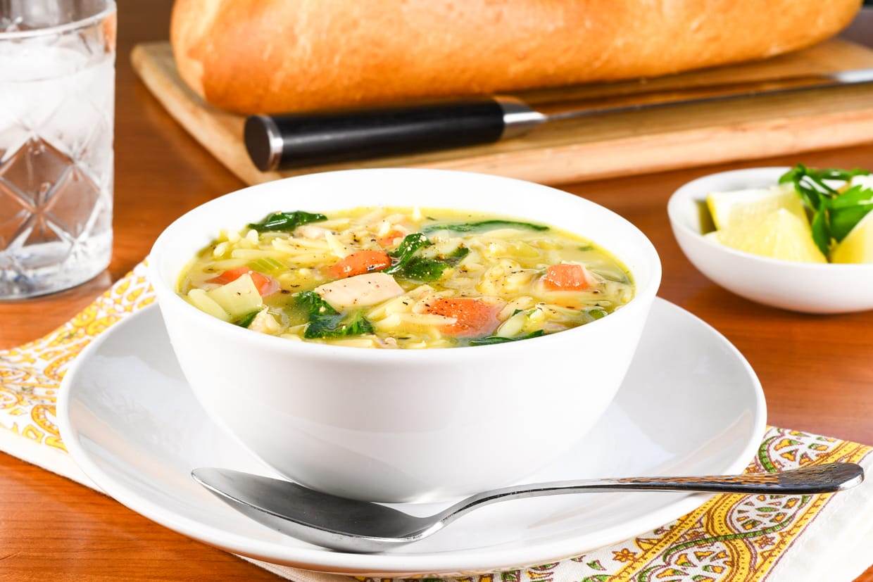 Lemon Chicken Orzo Soup with Spinach