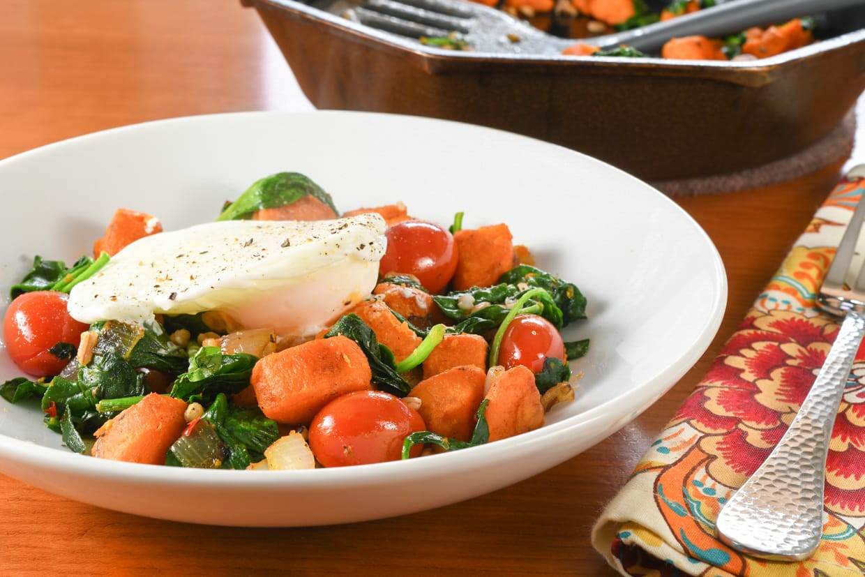 Sweet Potato, Spinach, Farro, and Poached Egg Breakfast Bowl