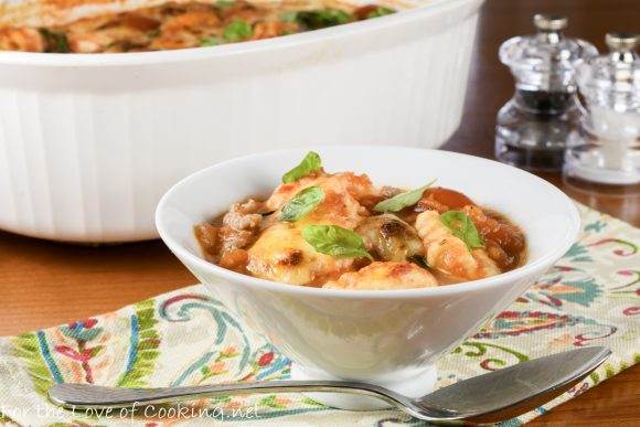 Baked Gnocchi with Italian Sausage, Grape Tomatoes, Spinach, and Mozzarella