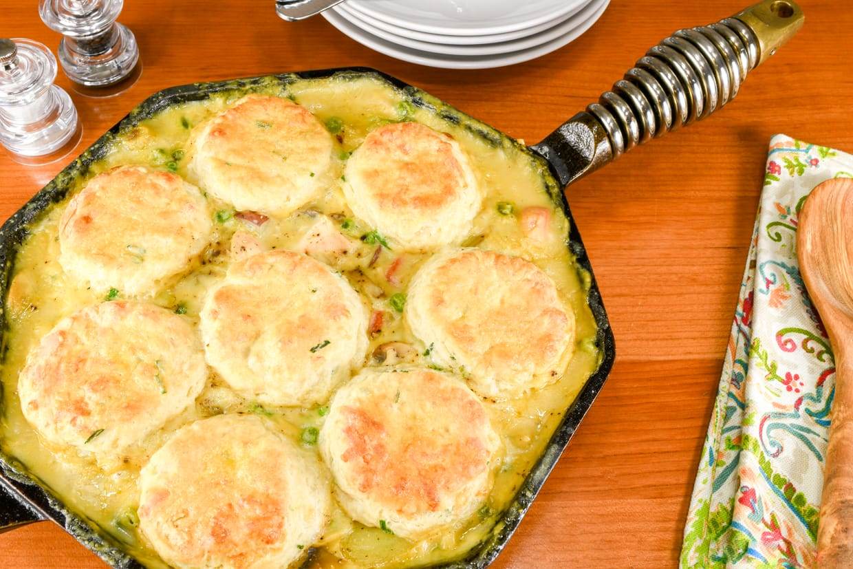 Chicken and Mushroom Skillet Pot Pie with Cheddar Chive Biscuits