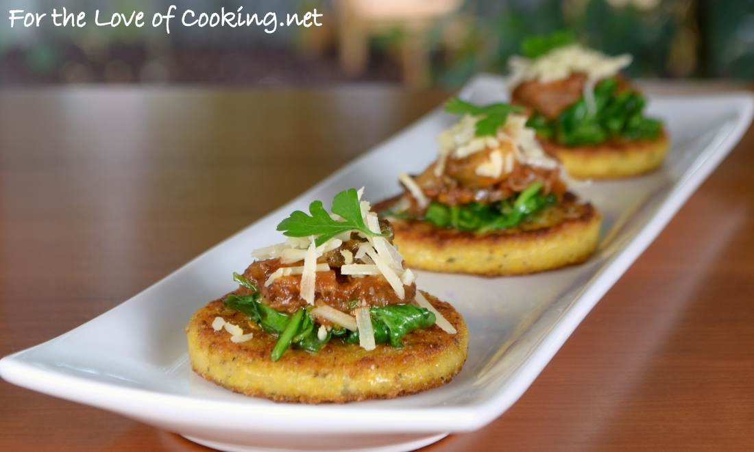 Crisp Polenta Topped with Sautéed Spinach and Slow-Simmered Mushroom & Meat Sauce