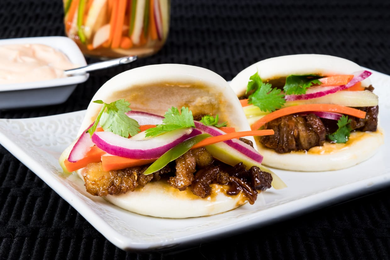 Steamed Bao with Glazed Pork Belly and Pickled Veggies
