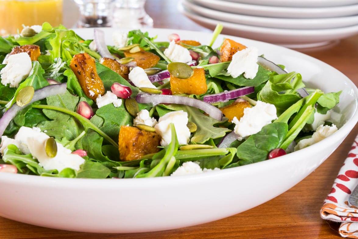 Roasted Butternut Squash & Pomegranate Salad with Garlicky Honey-Dijon Dressing