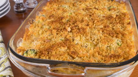 chicken broccoli cheese casserole with ritz cracker topping