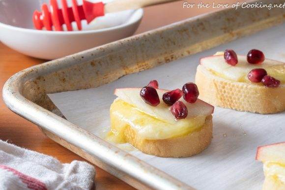 Brie Apple Crostini with Honey and Pomegranate Seeds