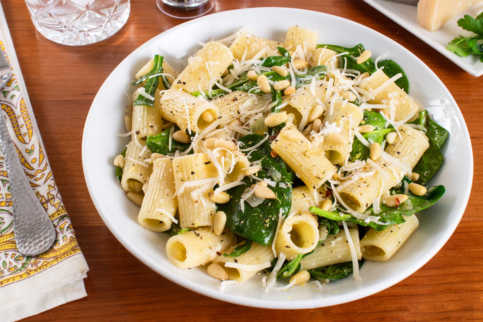 Lemony Rigatoni with Spinach, Arugula, and Pine Nuts